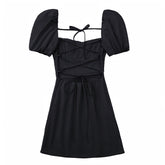 Black Bodycon Lace Up Ruched Puff Sleeve Backless Mini Dress